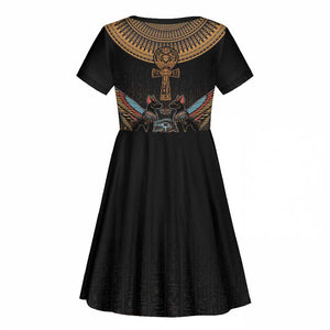 Winged Egypt Cats Kid Short Sleeve Dress Hieroglyphs Alphabet Pattern