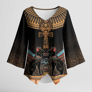 Winged Egypt Cats Kimono Sleeve Blouse Hieroglyphs Alphabet Pattern