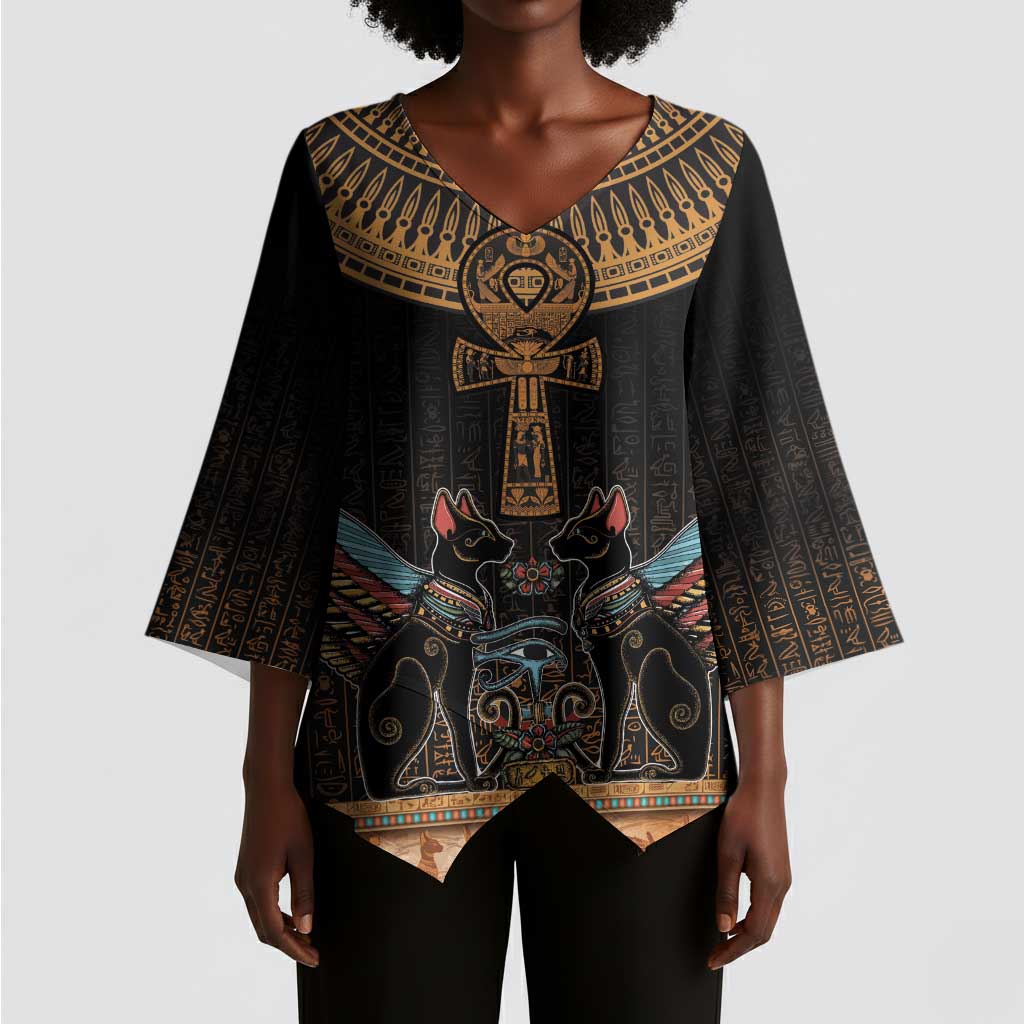 Winged Egypt Cats Kimono Sleeve Blouse Hieroglyphs Alphabet Pattern