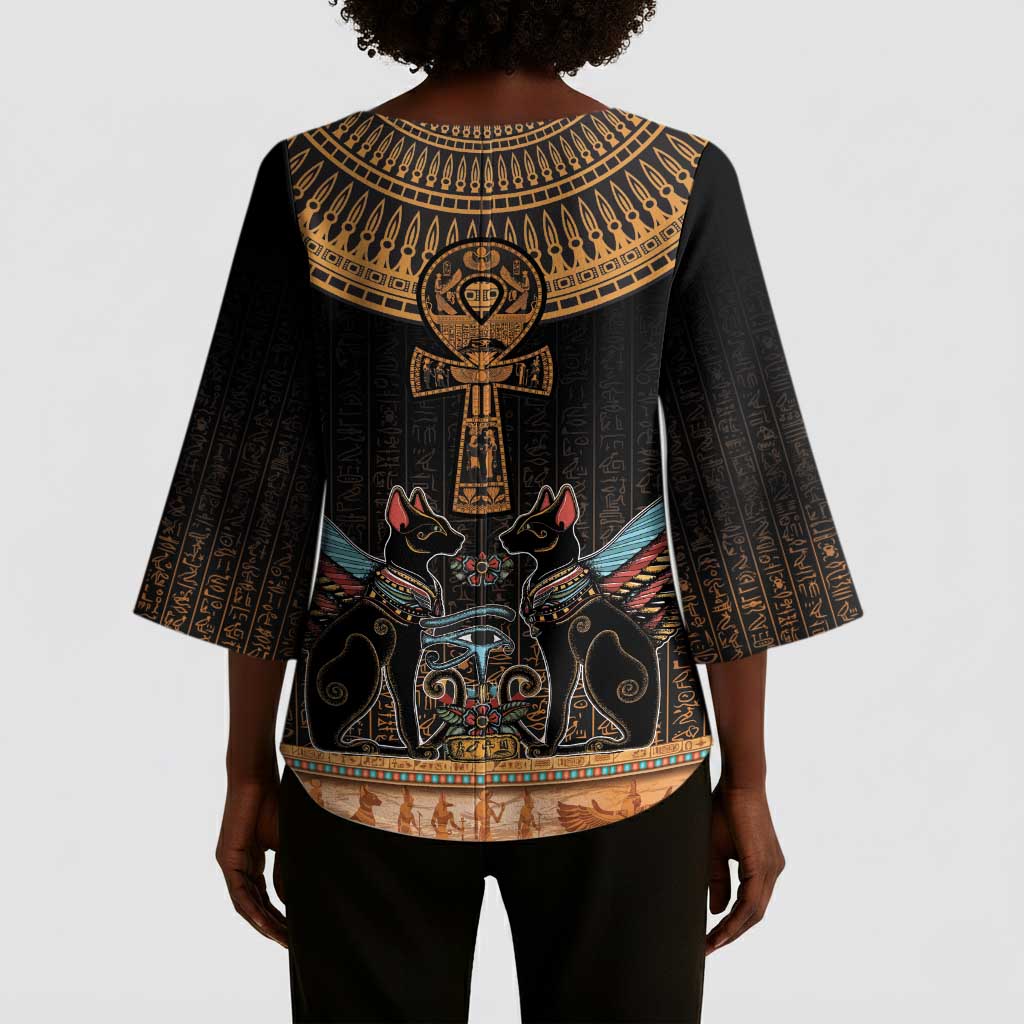 Winged Egypt Cats Kimono Sleeve Blouse Hieroglyphs Alphabet Pattern