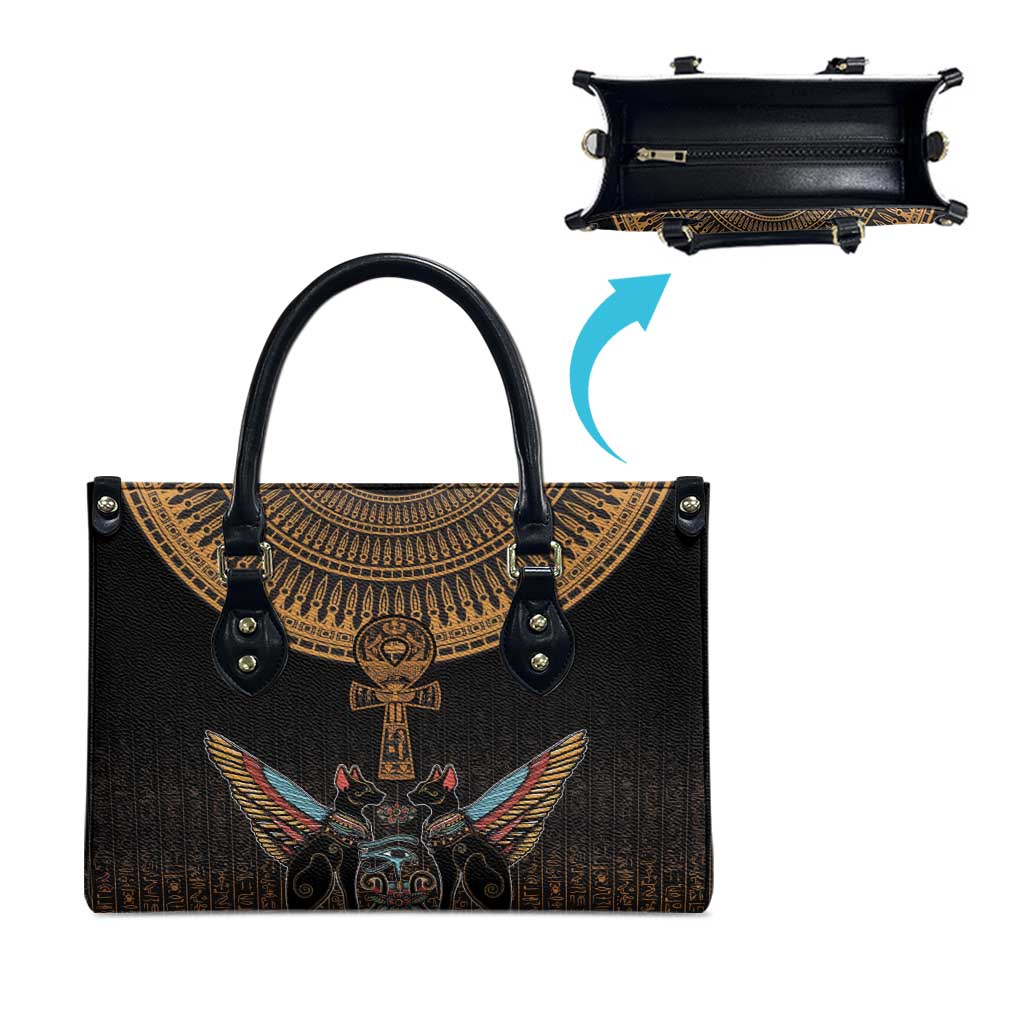 Winged Egypt Cats Leather Bag Hieroglyphs Alphabet Pattern