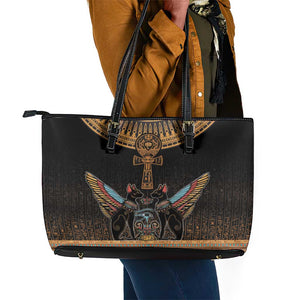 Winged Egypt Cats Leather Tote Bag Hieroglyphs Alphabet Pattern