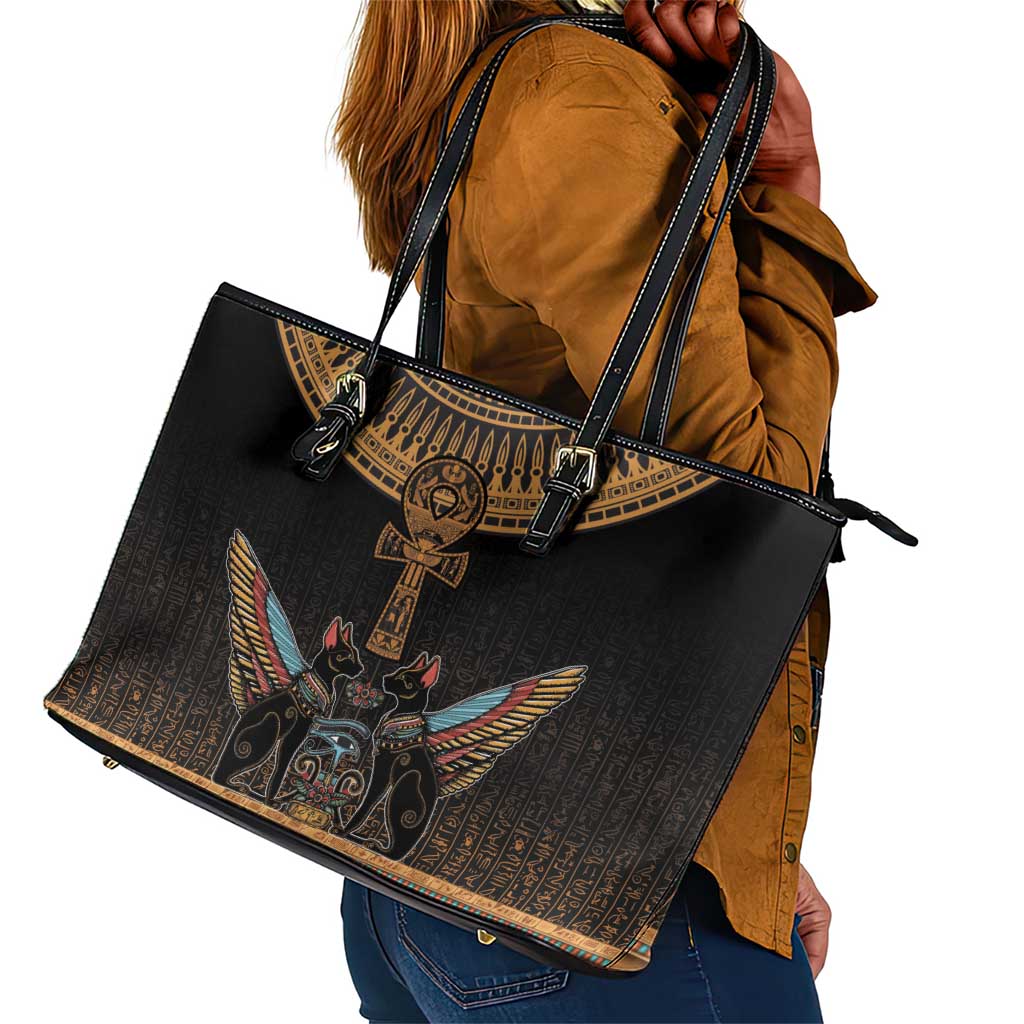 Winged Egypt Cats Leather Tote Bag Hieroglyphs Alphabet Pattern