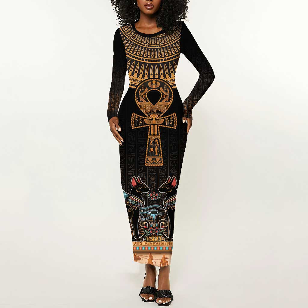 Winged Egypt Cats Long Sleeve Bodycon Dress Hieroglyphs Alphabet Pattern LT18