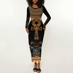 Winged Egypt Cats Long Sleeve Bodycon Dress Hieroglyphs Alphabet Pattern LT18