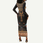Winged Egypt Cats Long Sleeve Bodycon Dress Hieroglyphs Alphabet Pattern LT18