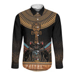 Winged Egypt Cats Long Sleeve Button Shirt Hieroglyphs Alphabet Pattern