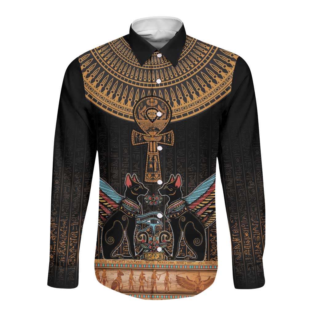 Winged Egypt Cats Long Sleeve Button Shirt Hieroglyphs Alphabet Pattern