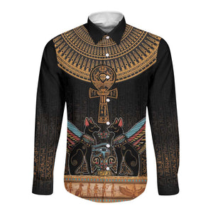 Winged Egypt Cats Long Sleeve Button Shirt Hieroglyphs Alphabet Pattern