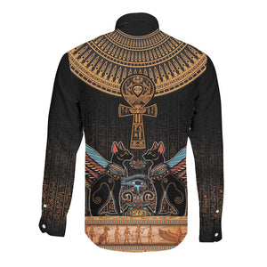 Winged Egypt Cats Long Sleeve Button Shirt Hieroglyphs Alphabet Pattern