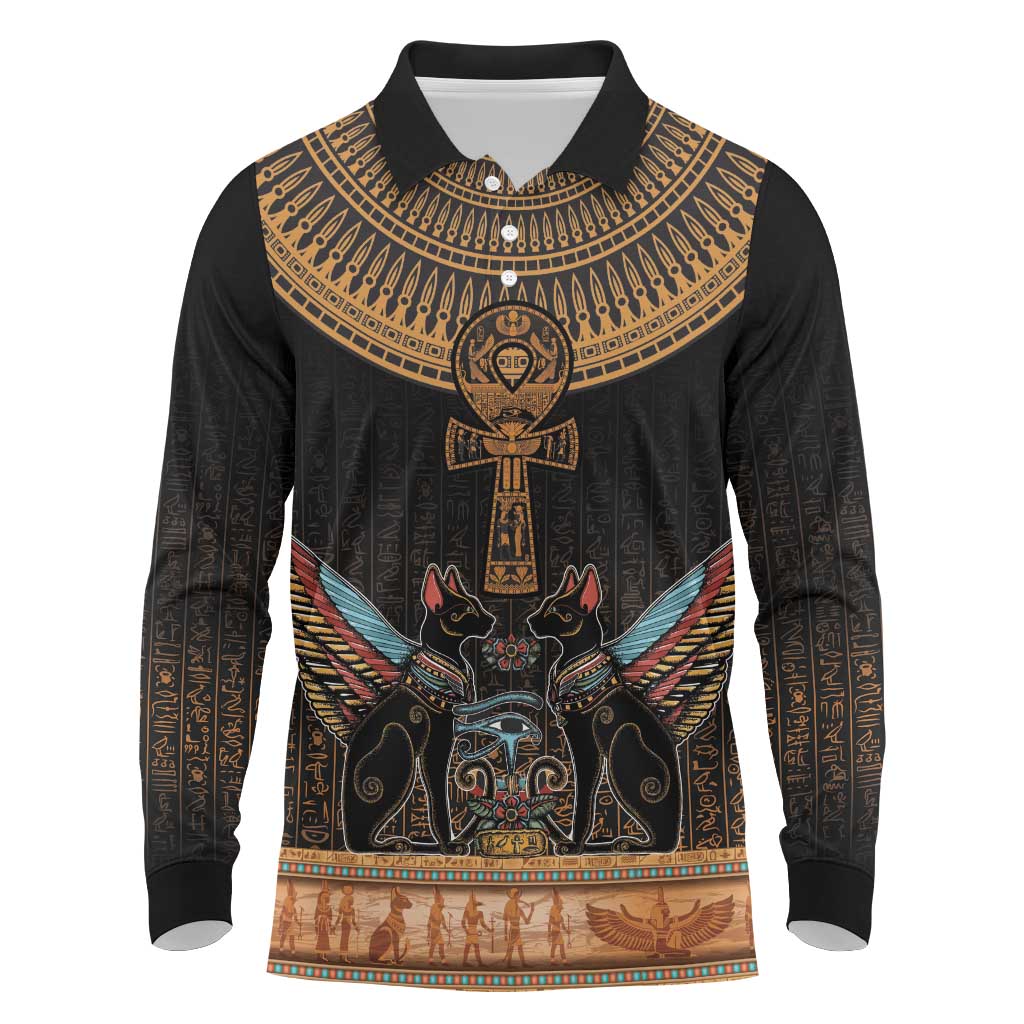 Winged Egypt Cats Long Sleeve Polo Shirt Hieroglyphs Alphabet Pattern
