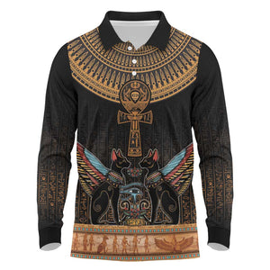 Winged Egypt Cats Long Sleeve Polo Shirt Hieroglyphs Alphabet Pattern