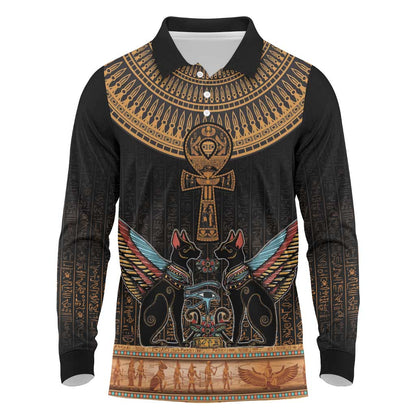 Winged Egypt Cats Long Sleeve Polo Shirt Hieroglyphs Alphabet Pattern