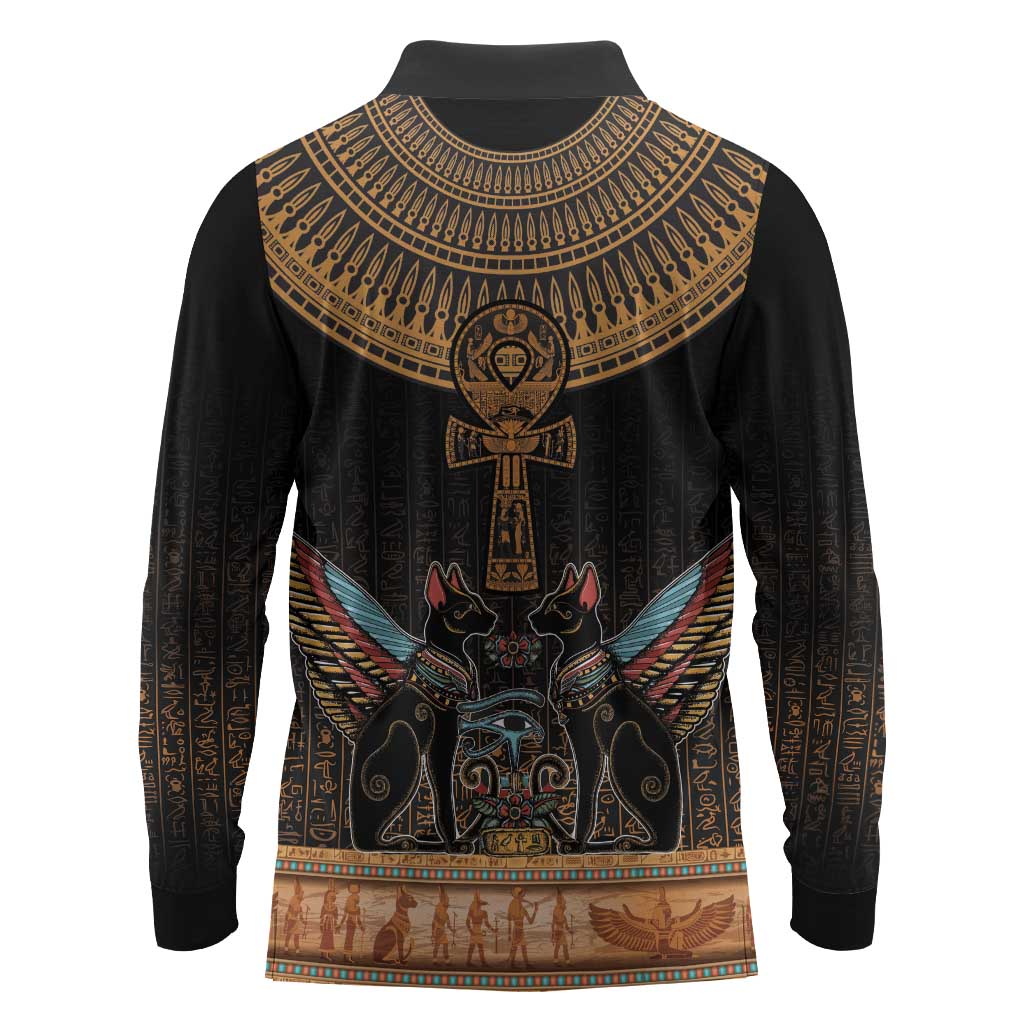 Winged Egypt Cats Long Sleeve Polo Shirt Hieroglyphs Alphabet Pattern