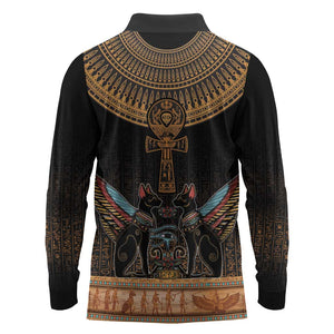Winged Egypt Cats Long Sleeve Polo Shirt Hieroglyphs Alphabet Pattern