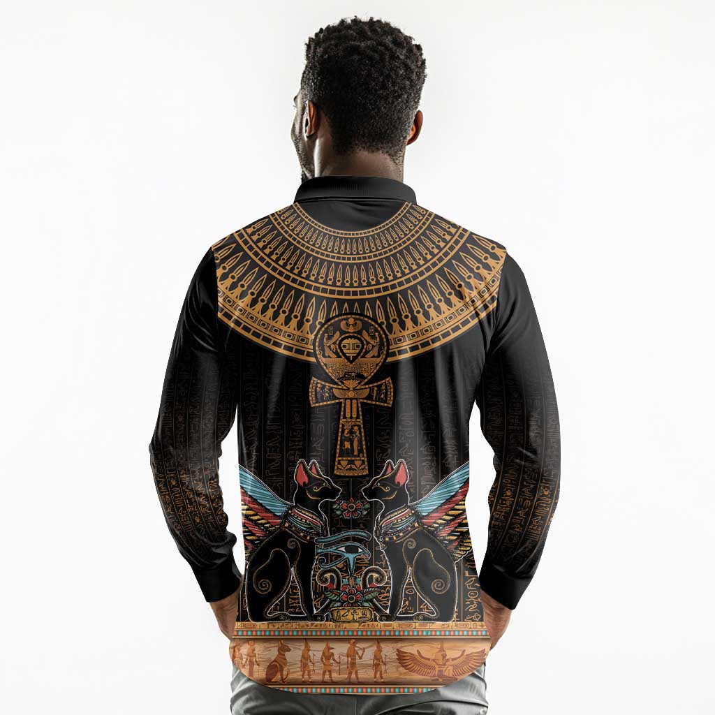 Winged Egypt Cats Long Sleeve Polo Shirt Hieroglyphs Alphabet Pattern