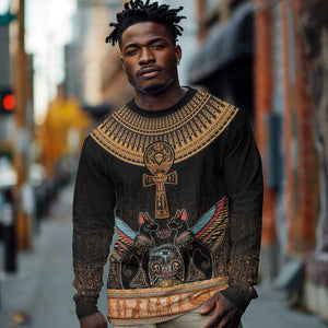 Winged Egypt Cats Long Sleeve Shirt Hieroglyphs Alphabet Pattern