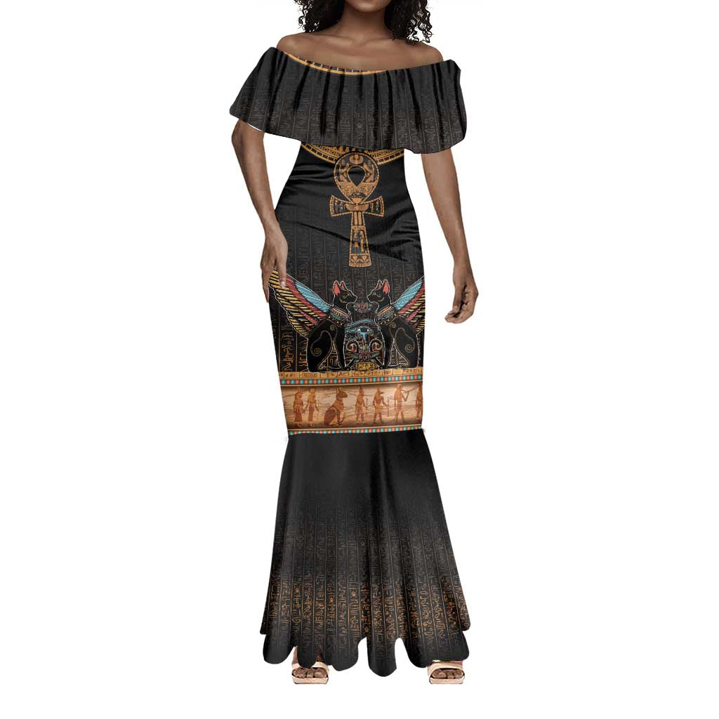 Winged Egypt Cats Mermaid Dress Hieroglyphs Alphabet Pattern