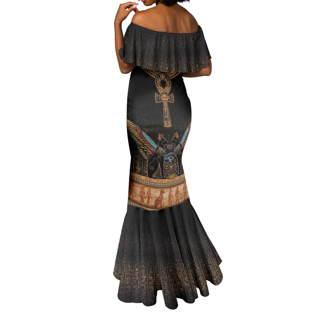 Winged Egypt Cats Mermaid Dress Hieroglyphs Alphabet Pattern