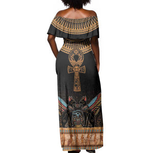 Winged Egypt Cats Off Shoulder Maxi Dress Hieroglyphs Alphabet Pattern