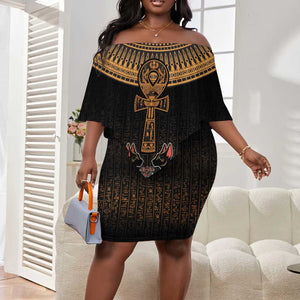 Winged Egypt Cats Off Shoulder Short Dress Hieroglyphs Alphabet Pattern