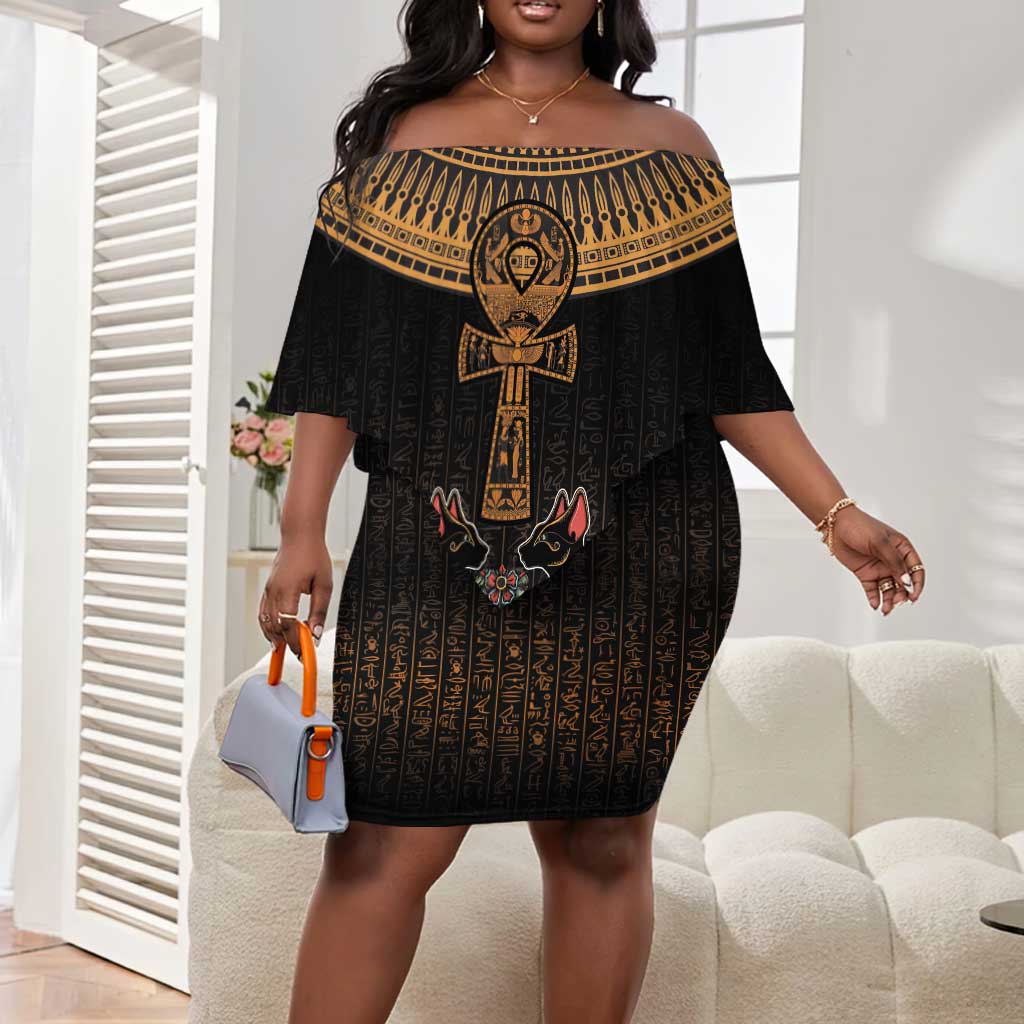 Winged Egypt Cats Off Shoulder Short Dress Hieroglyphs Alphabet Pattern