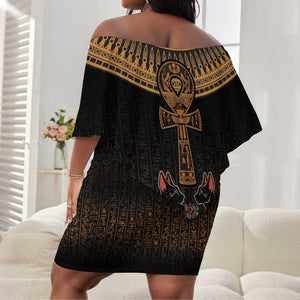Winged Egypt Cats Off Shoulder Short Dress Hieroglyphs Alphabet Pattern