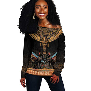 Winged Egypt Cats Off Shoulder Sweater Hieroglyphs Alphabet Pattern