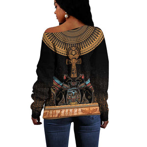 Winged Egypt Cats Off Shoulder Sweater Hieroglyphs Alphabet Pattern