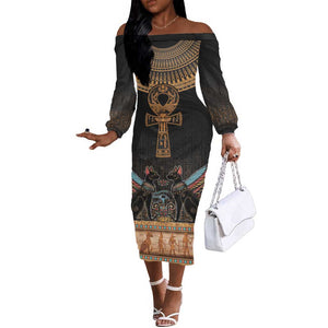 Winged Egypt Cats Off The Shoulder Long Sleeve Dress Hieroglyphs Alphabet Pattern