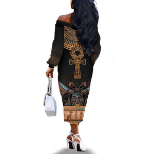 Winged Egypt Cats Off The Shoulder Long Sleeve Dress Hieroglyphs Alphabet Pattern