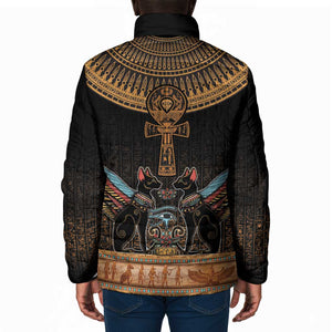 Winged Egypt Cats Padded Jacket Hieroglyphs Alphabet Pattern