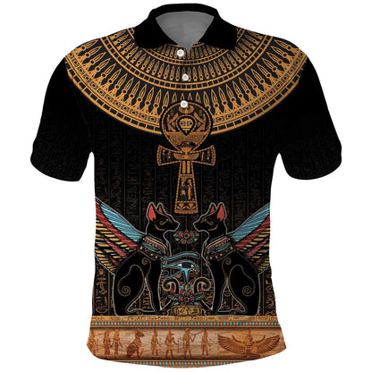 Winged Egypt Cats Polo Shirt Hieroglyphs Alphabet Pattern
