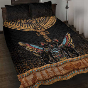 Winged Egypt Cats Quilt Bed Set Hieroglyphs Alphabet Pattern