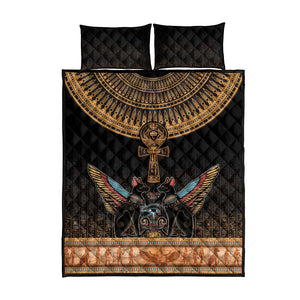 Winged Egypt Cats Quilt Bed Set Hieroglyphs Alphabet Pattern