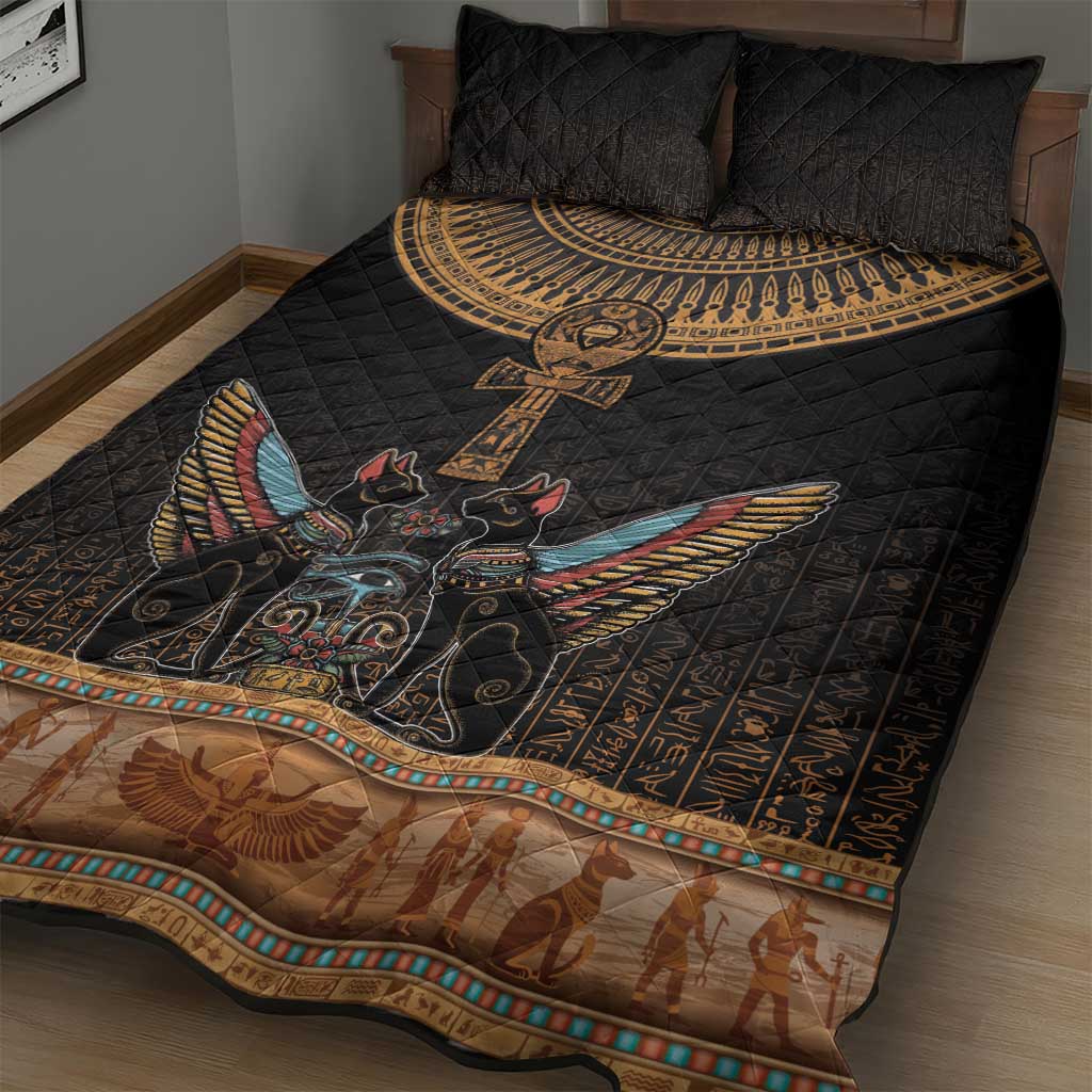 Winged Egypt Cats Quilt Bed Set Hieroglyphs Alphabet Pattern