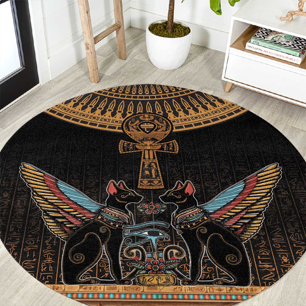 Winged Egypt Cats Round Carpet Hieroglyphs Alphabet Pattern