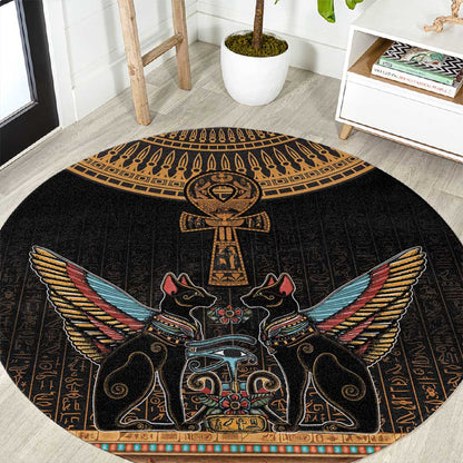 Winged Egypt Cats Round Carpet Hieroglyphs Alphabet Pattern
