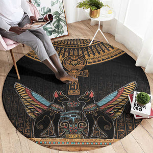 Winged Egypt Cats Round Carpet Hieroglyphs Alphabet Pattern
