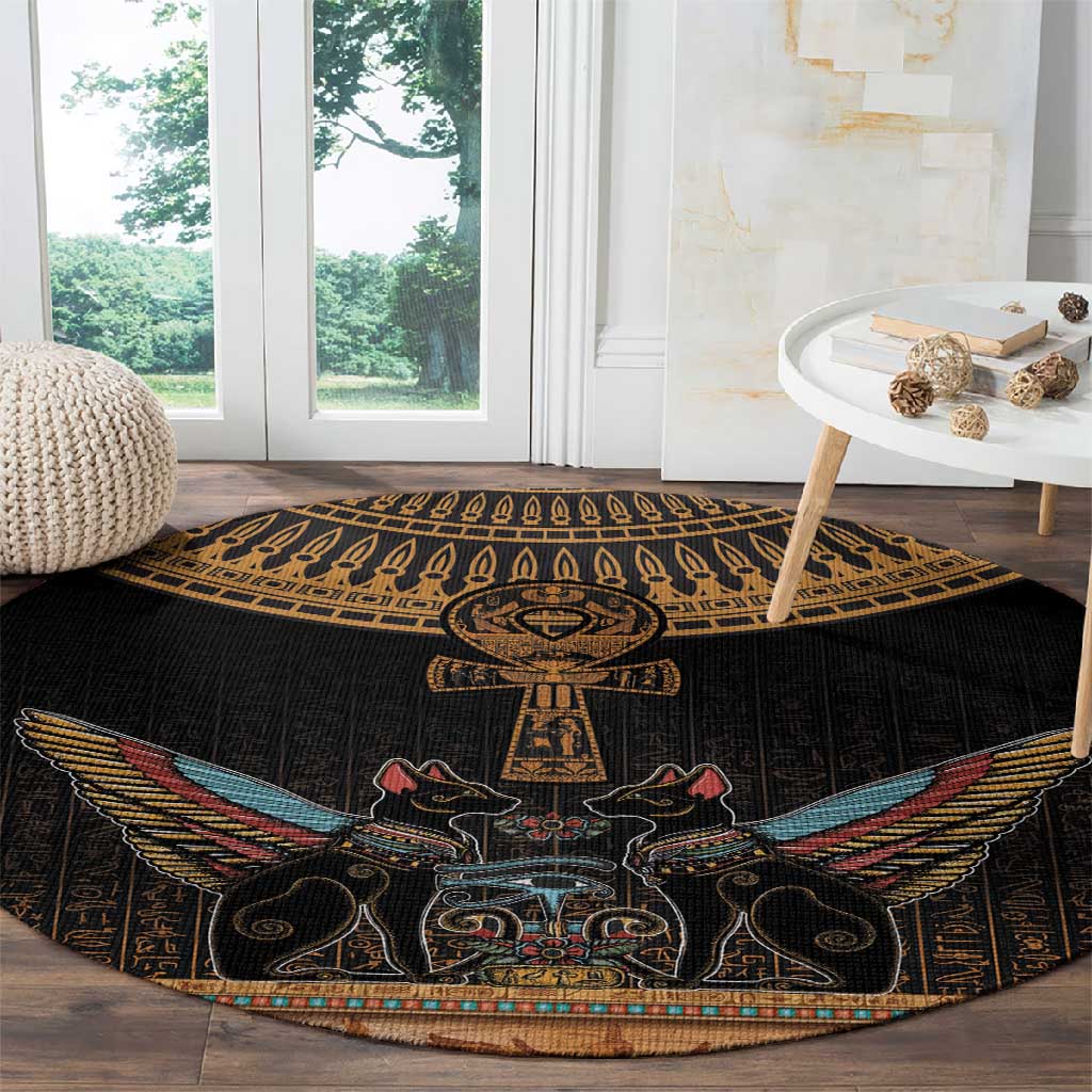 Winged Egypt Cats Round Carpet Hieroglyphs Alphabet Pattern