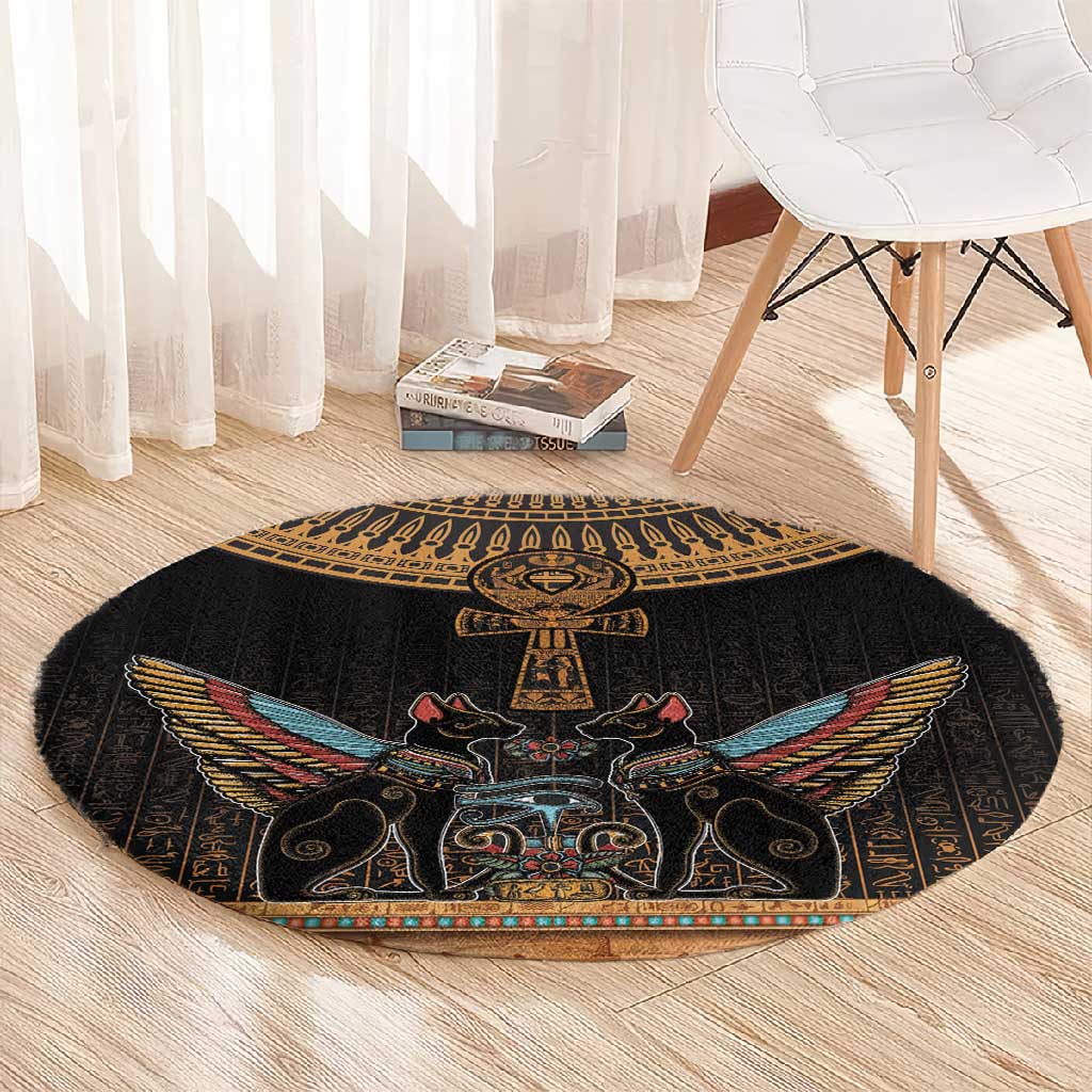 Winged Egypt Cats Round Carpet Hieroglyphs Alphabet Pattern