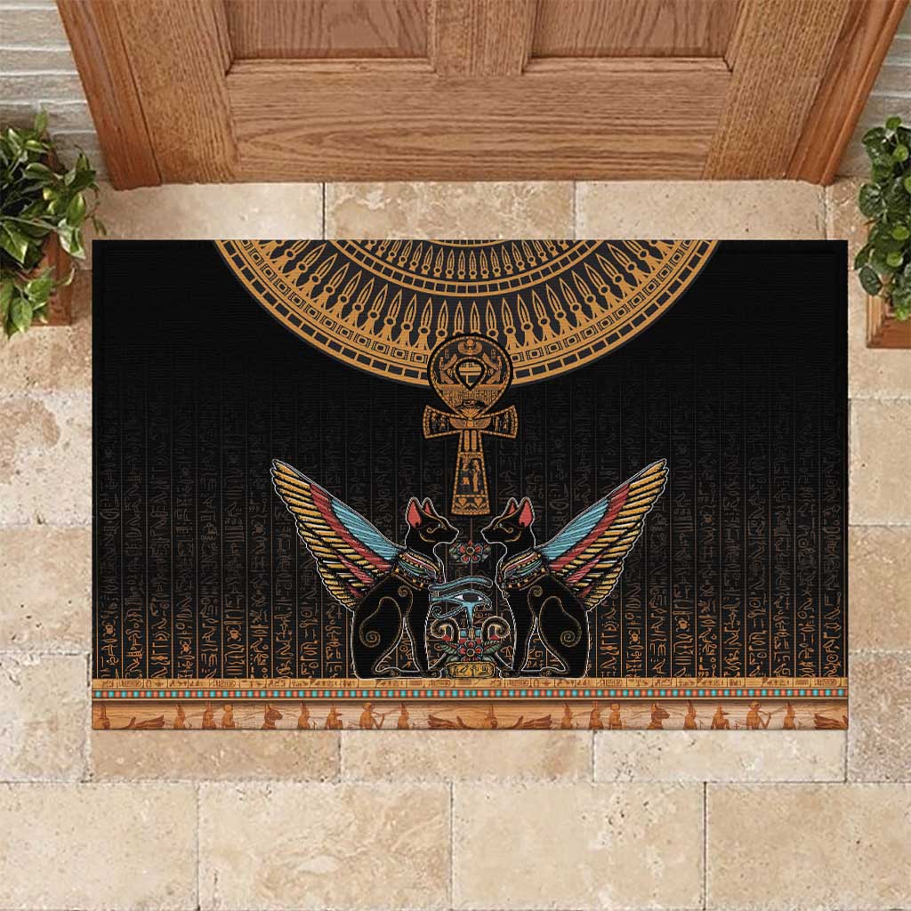 Winged Egypt Cats Rubber Doormat Hieroglyphs Alphabet Pattern