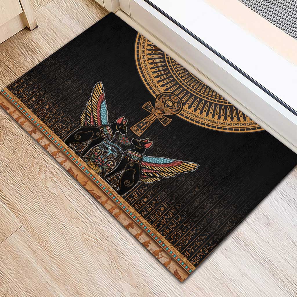 Winged Egypt Cats Rubber Doormat Hieroglyphs Alphabet Pattern