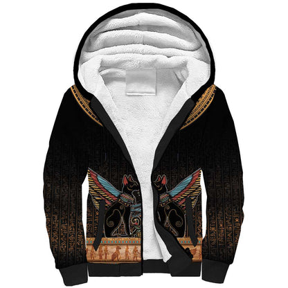 Winged Egypt Cats Sherpa Hoodie Hieroglyphs Alphabet Pattern