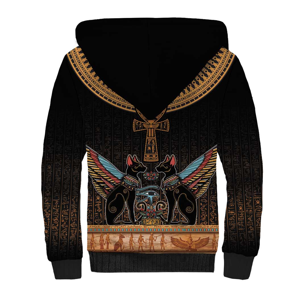 Winged Egypt Cats Sherpa Hoodie Hieroglyphs Alphabet Pattern