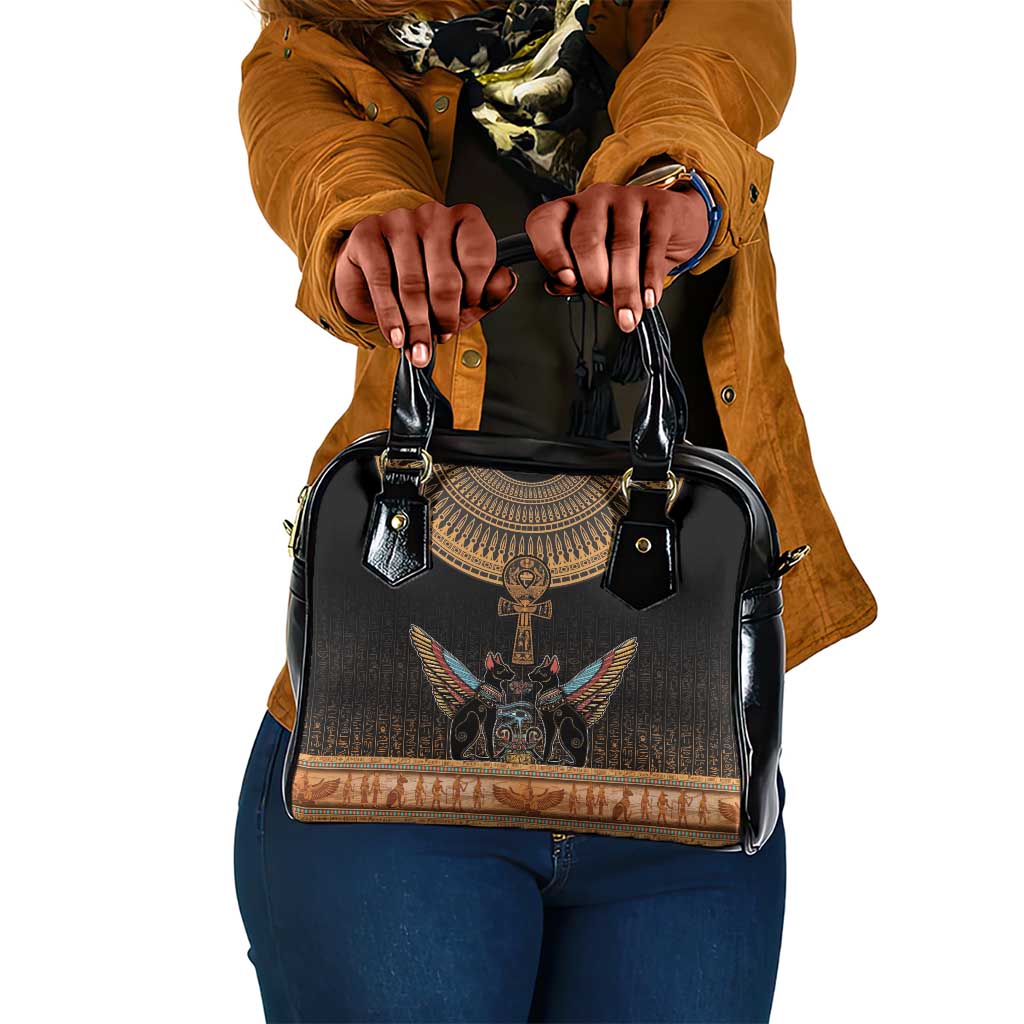 Winged Egypt Cats Shoulder Handbag Hieroglyphs Alphabet Pattern
