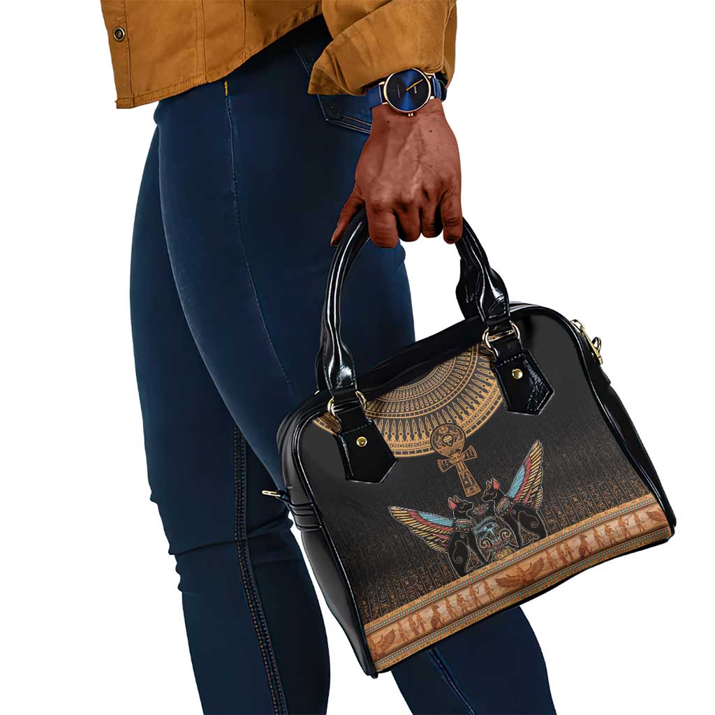 Winged Egypt Cats Shoulder Handbag Hieroglyphs Alphabet Pattern