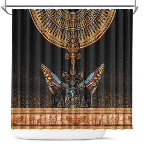 Winged Egypt Cats Shower Curtain Hieroglyphs Alphabet Pattern