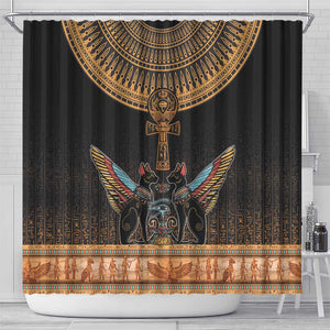 Winged Egypt Cats Shower Curtain Hieroglyphs Alphabet Pattern