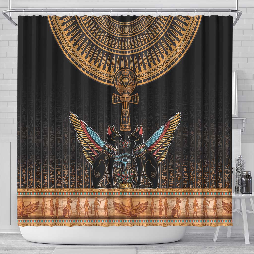 Winged Egypt Cats Shower Curtain Hieroglyphs Alphabet Pattern